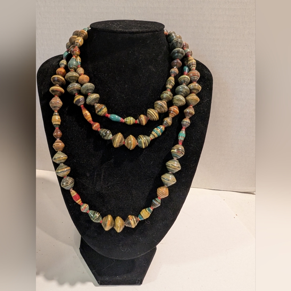 Rolled Paper Beads Long Seed Beaded Necklace Vintage Women's Costume Jewelry